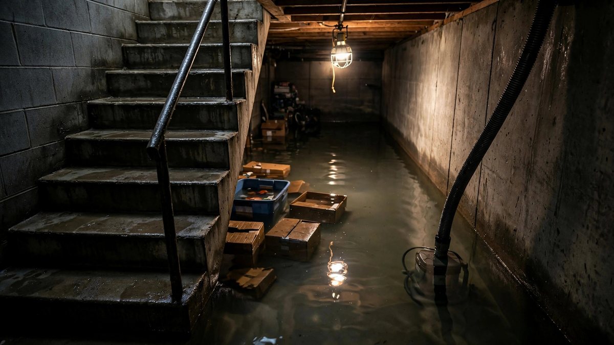 Floodwater covering a basement floor during cleanup