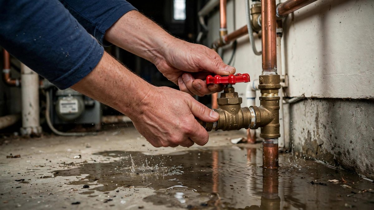 Water spreading across a home floor from a burst pipe
