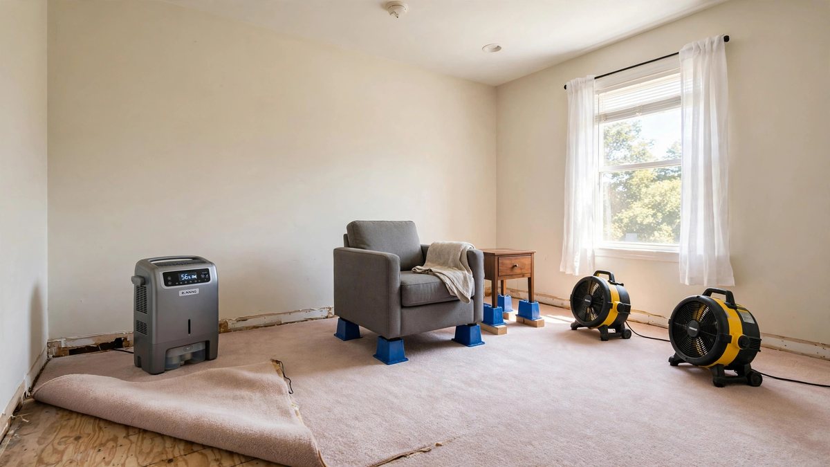 Fans and a dehumidifier drying a room after a water leak