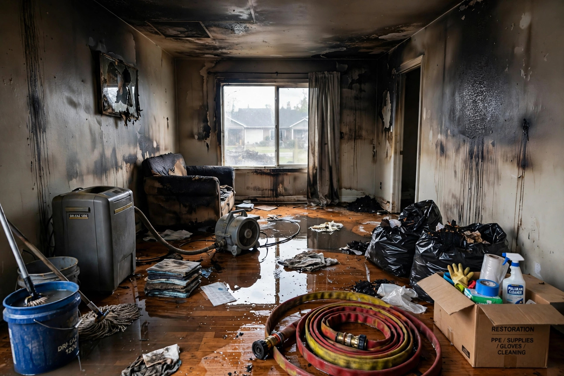 Room with soot-stained walls and standing water after firefighting efforts