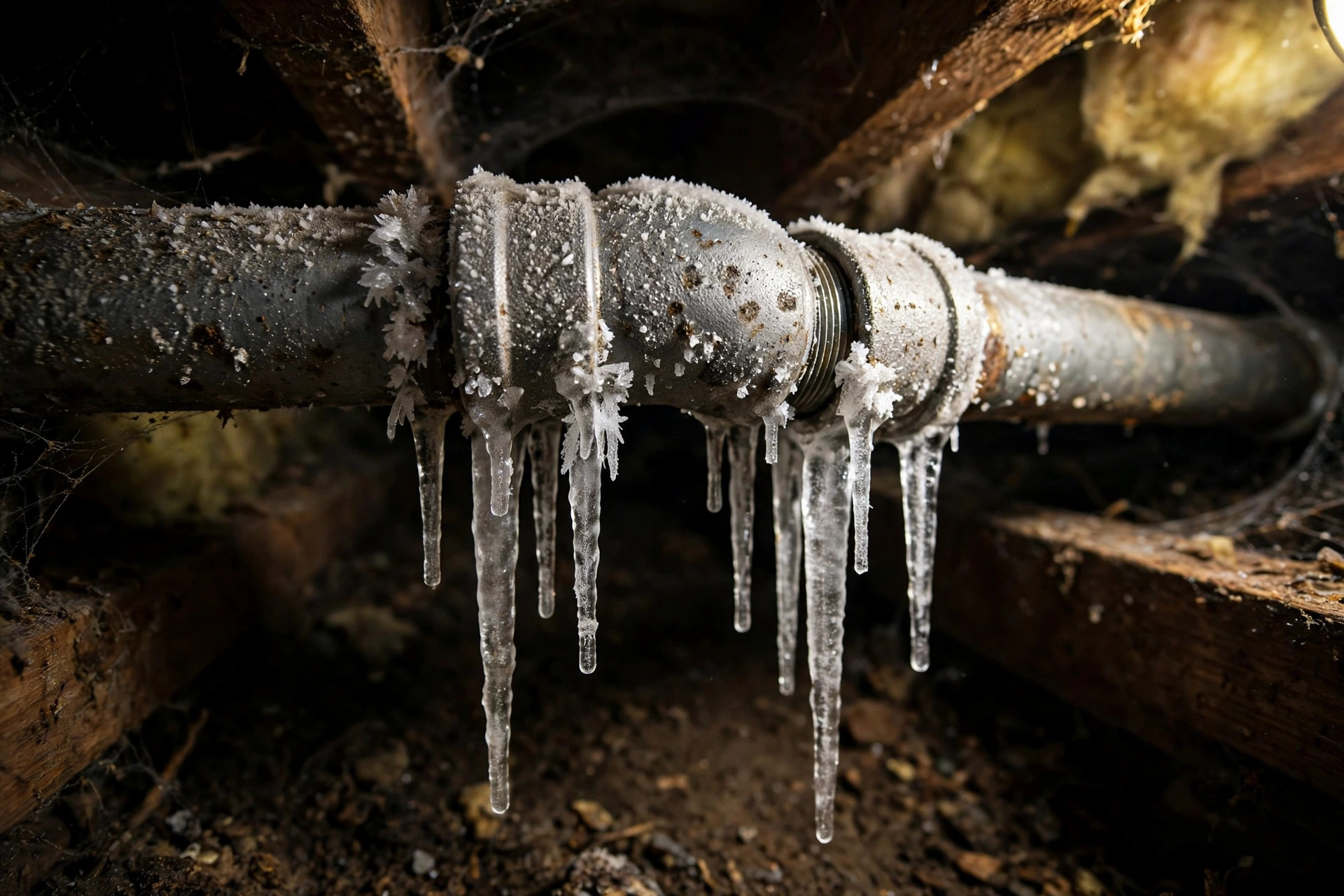 Frost-covered water pipe with icicles in a home crawl space