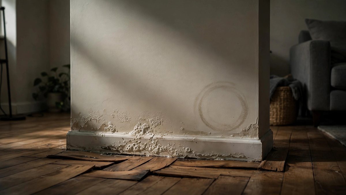 Water stain and bubbling paint on an interior wall showing hidden moisture