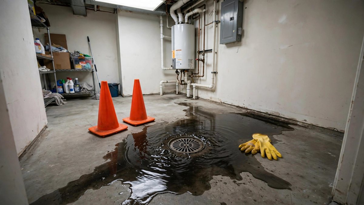 Bathroom floor affected by a sewage backup awaiting professional cleanup