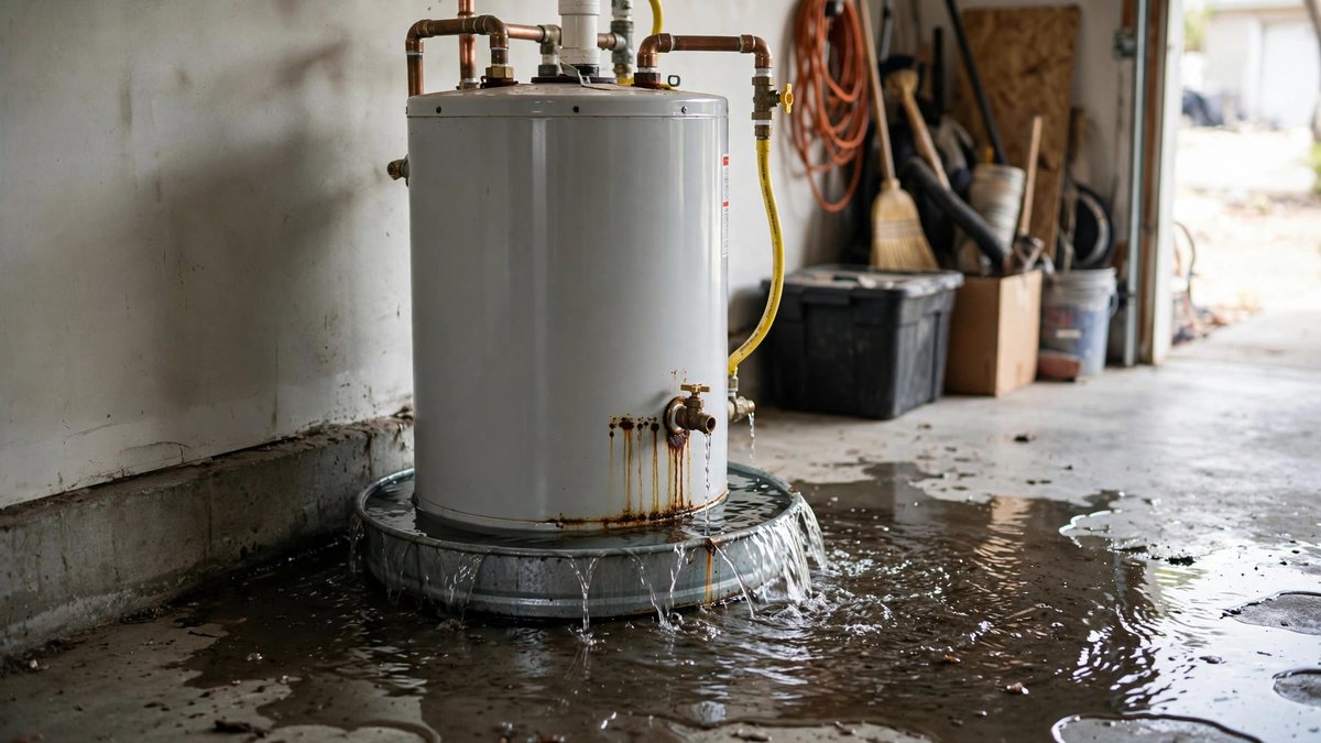 Water pooling on the floor around a leaking water heater