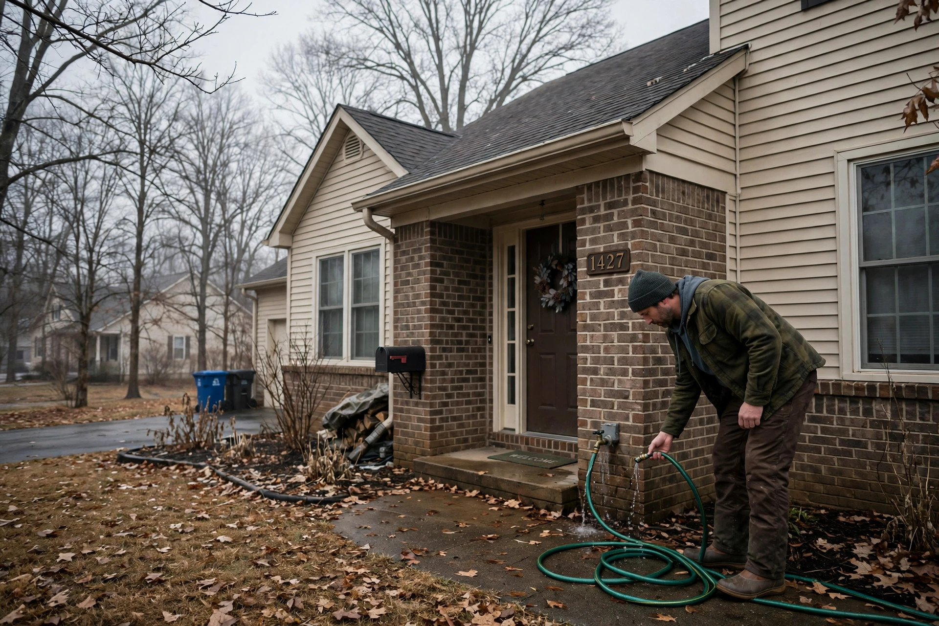 Homeowner disconnecting a garden hose from an outdoor spigot before winter