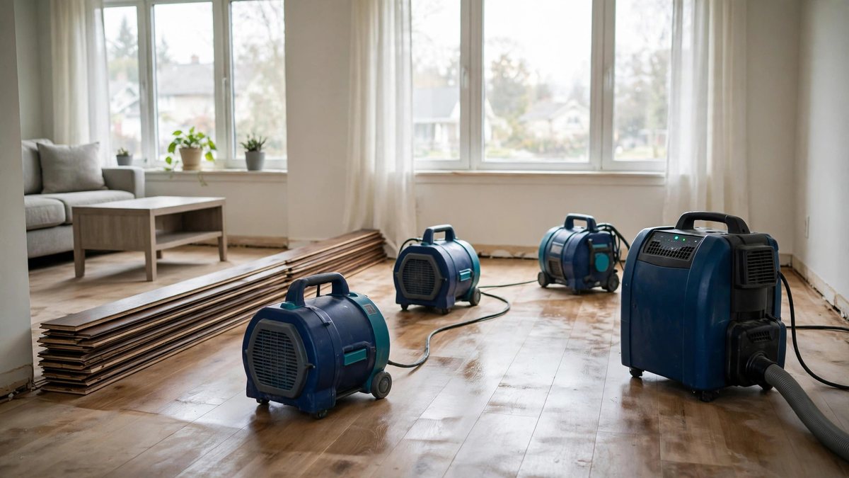 Professional air movers and a dehumidifier drying a Lebanon living room after water damage